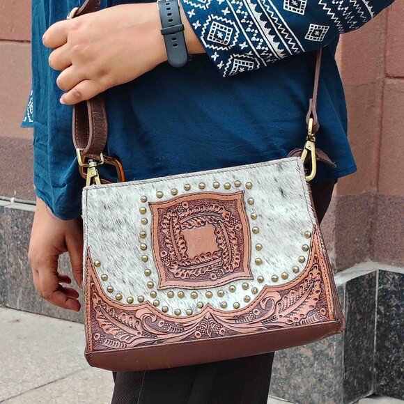 Western Hair-on Leather Purse – Tooled Cowhide Tote, Crossbody Shoulder Bag - Picture 3 of 12